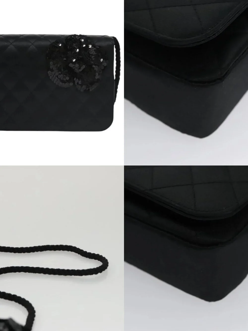 CHANEL Matelasse Sequin Flower Shoulder Bag Satin Black CC Auth 99855V